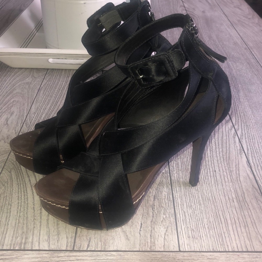 BCBG black satin peep toe platforms